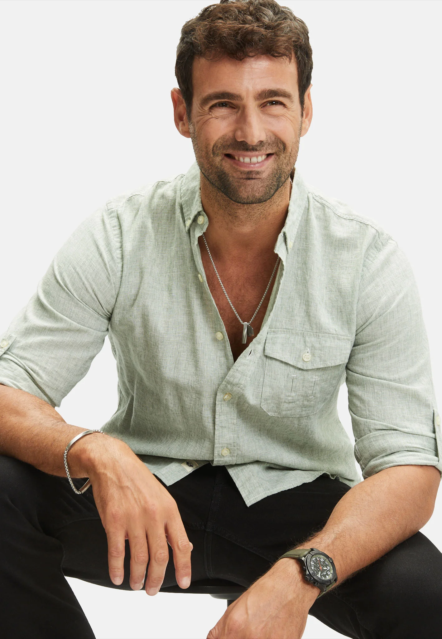 Edelstahlarmbanduhr mit Chronographenfunktion und grünem Lederband - Image 4